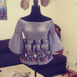 Off shoulder floral and stripe stitch